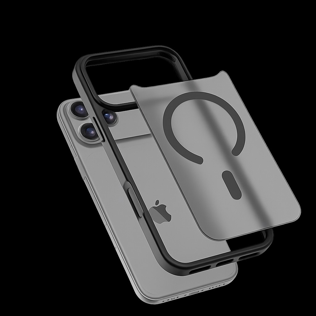 Vue éclatée d'une coque iPhone Cases-Lab Noir, compatible MagSafe